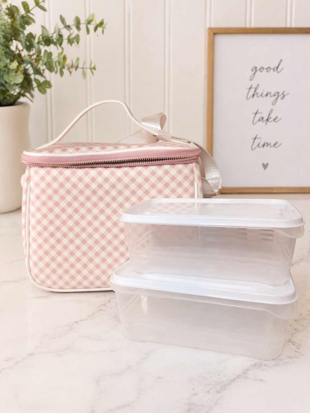 Pink Gingham Insulated Lunch Bag with White Plastic Food Containers
